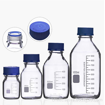 Lab Glassware: 3.3mm Borosilicate Reagent Bottles with Blue Plastic Screw Caps